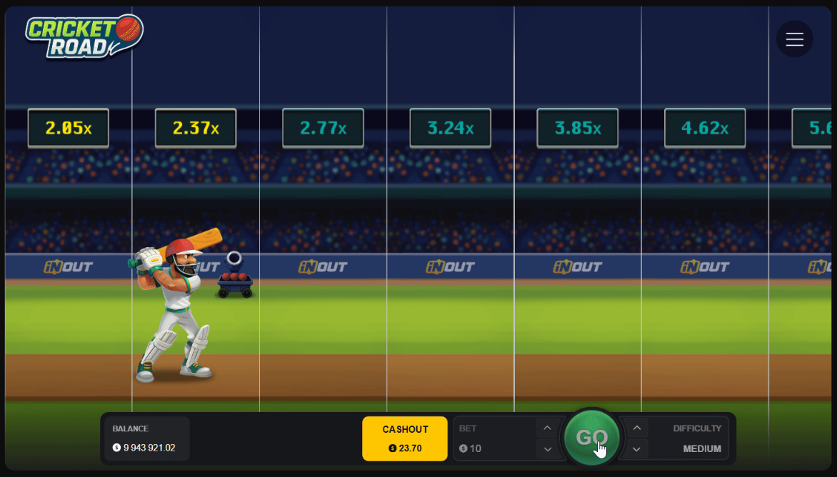 Cricket Road crash game gameplay screen with increasing multipliers and timing-based mechanics